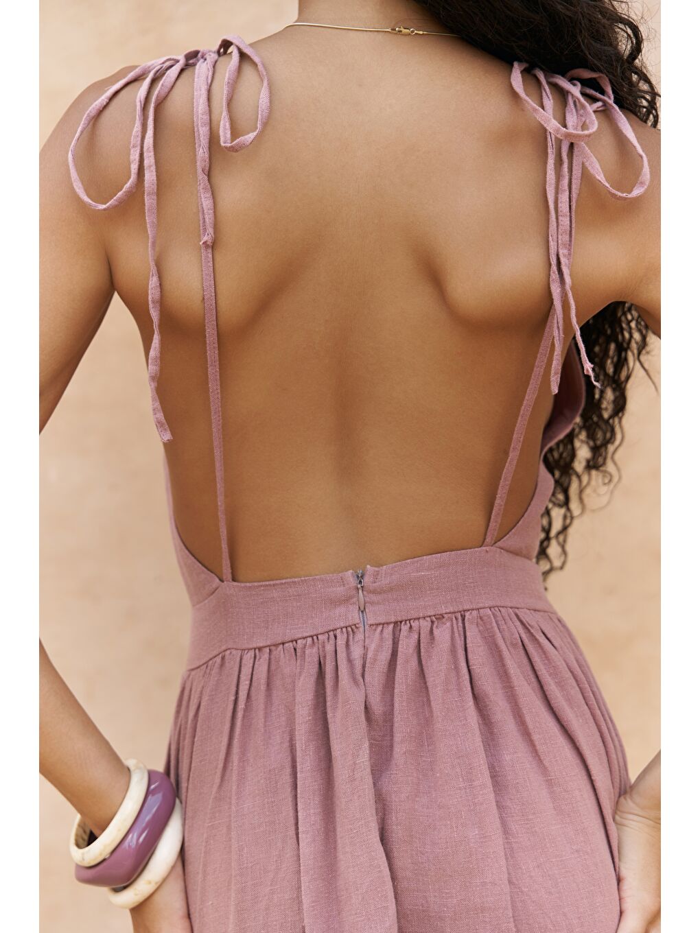 Eara Askılı Açık Bordo Uzun Keten Elbise-3