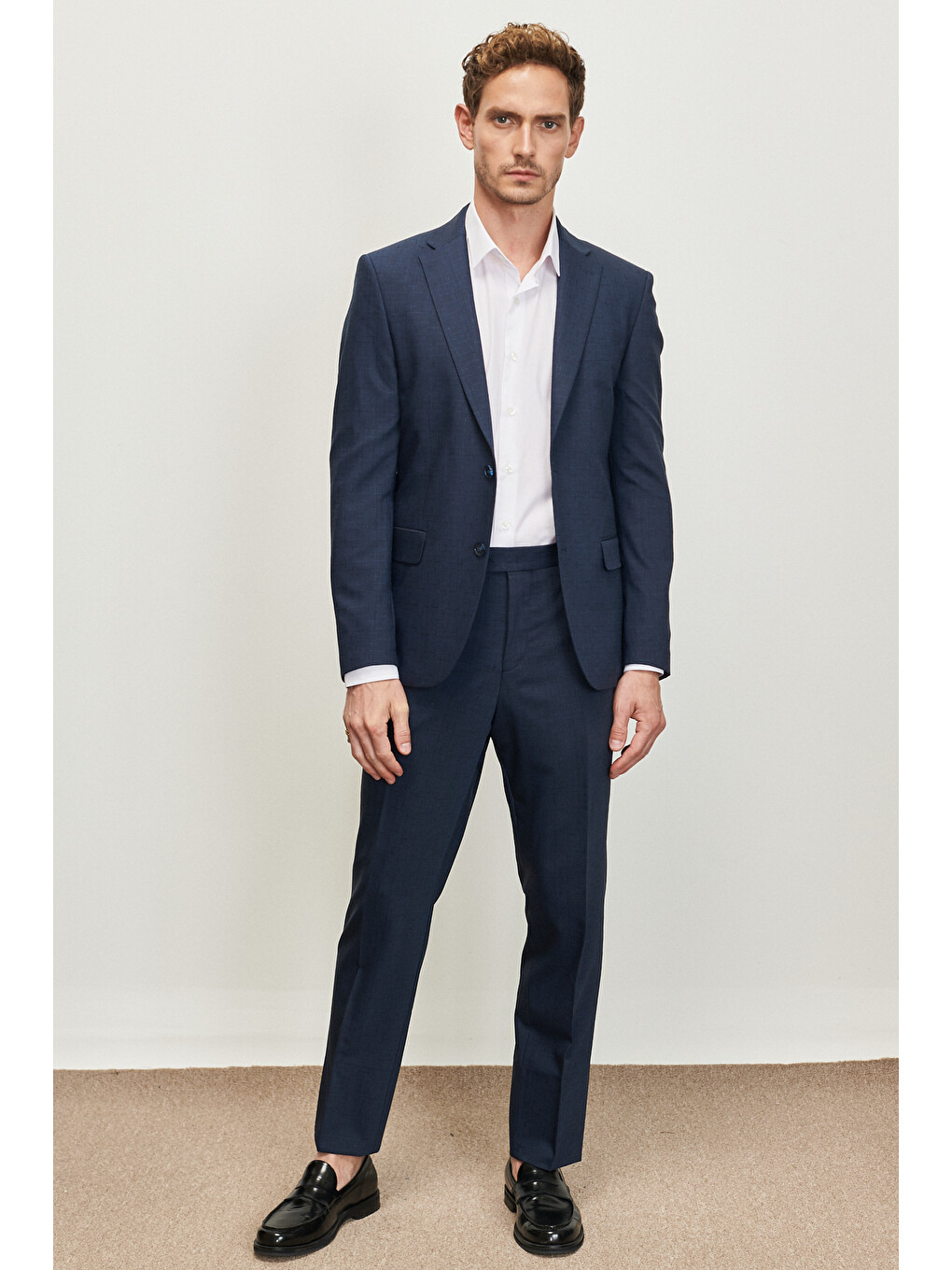 Erkek Lacivert Slim Fit Dar Kesim Mono Yaka Desenli Yünlü Takım Elbise-2