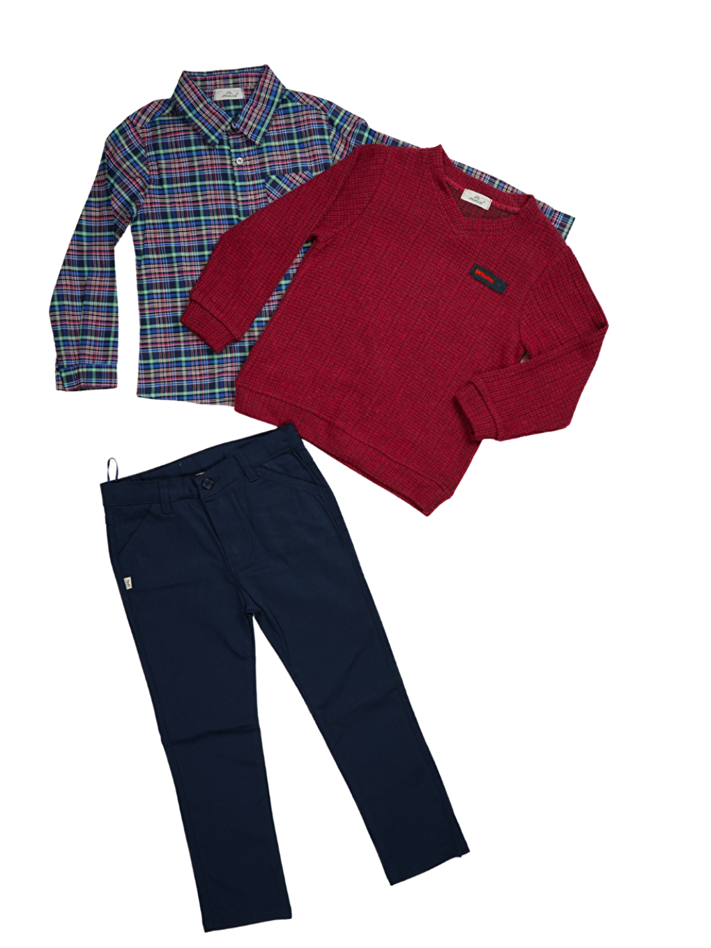 Gri 3'lü Set Triko Sweatshirt & Gömlek & Gabardin Pantolon-1