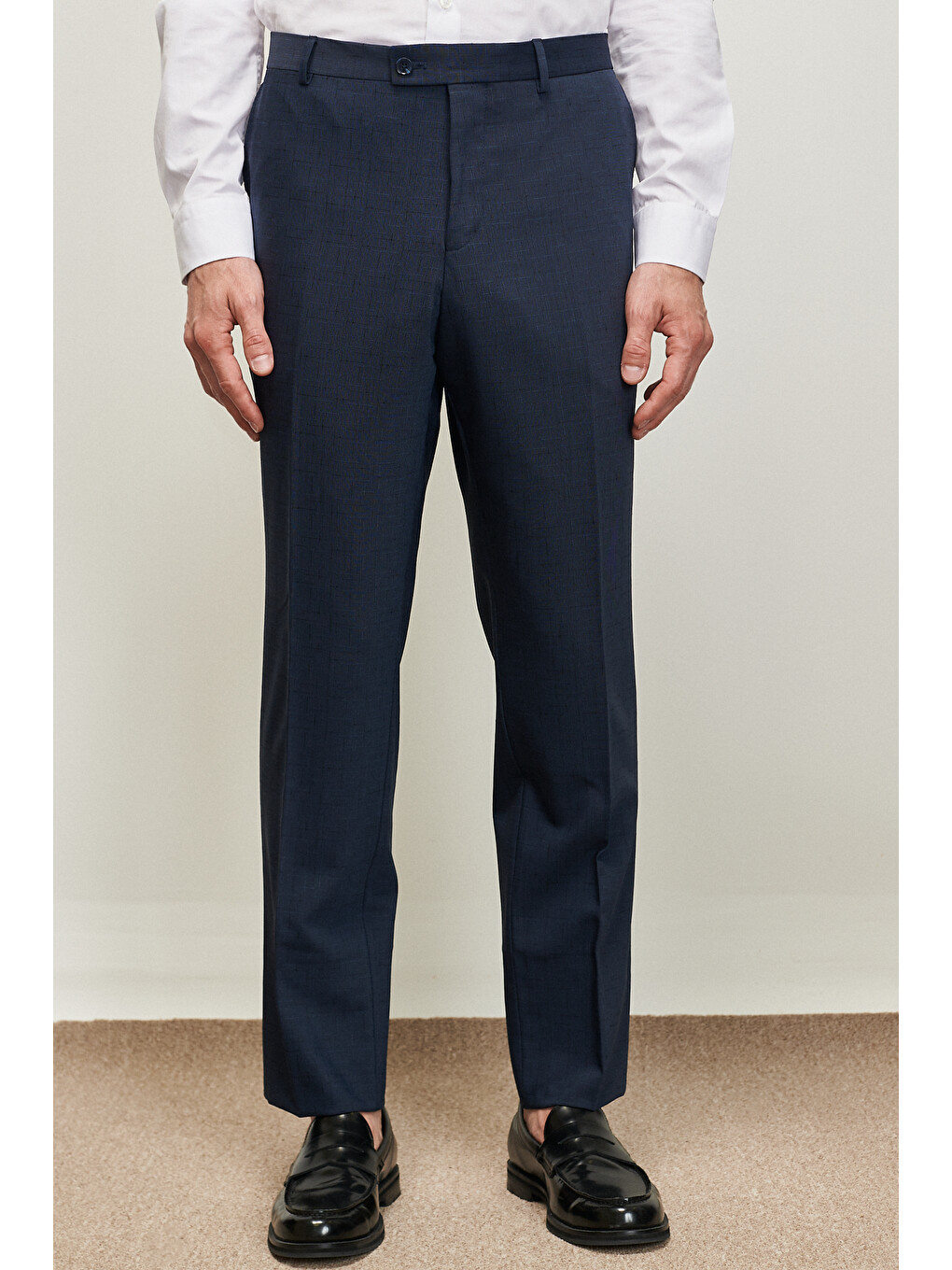 Erkek Lacivert Slim Fit Dar Kesim Mono Yaka Desenli Yünlü Takım Elbise-3