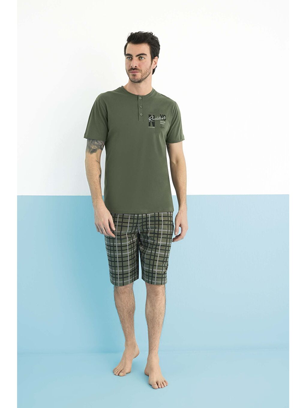 Yeşil Erkek Penye Kısa Kol %100 Pamuk Şortlu Pijama Takımı