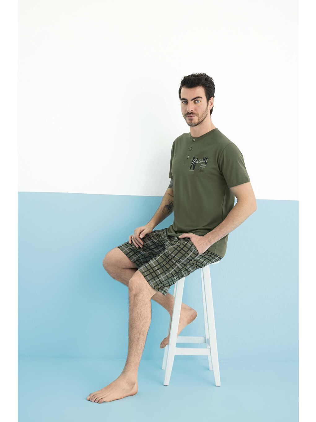 Yeşil Erkek Penye Kısa Kol %100 Pamuk Şortlu Pijama Takımı-1
