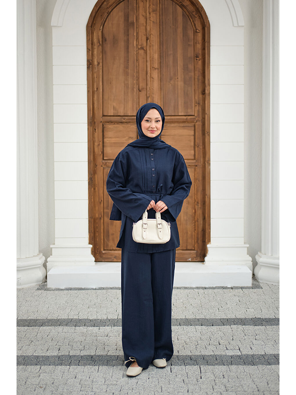 Kadın Büzgü Detay Bel Bağlamalı Takım Lacivert-3