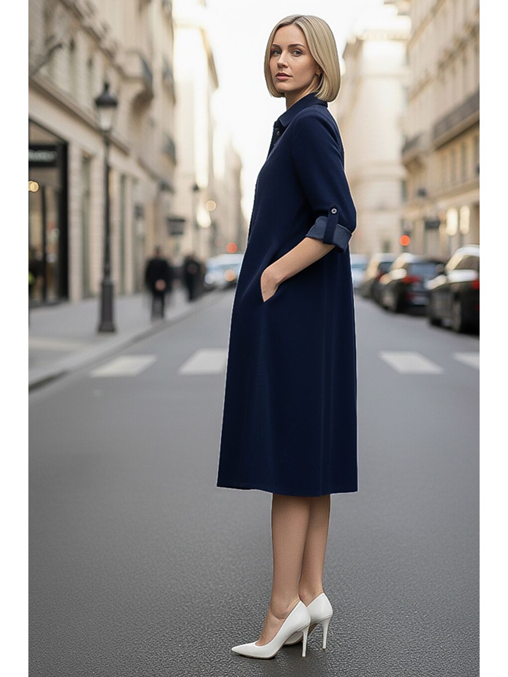 Lacivert Gömlek Yaka Düğmeli Uzun Kollu Cepli Casual Kadife Dokuma Elbise 105 55-1