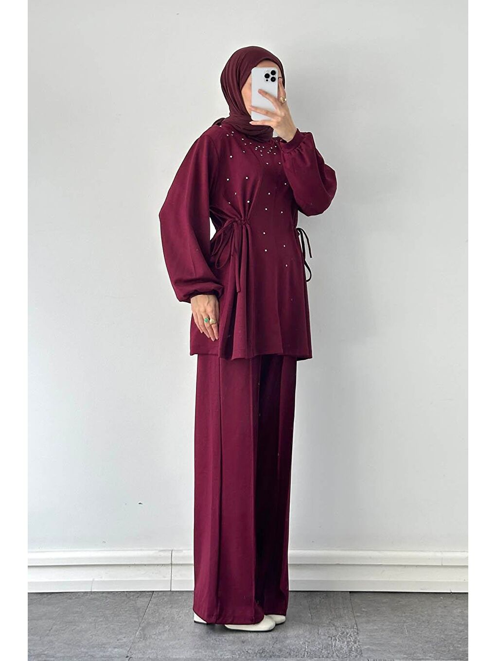 Taşlı İkili Takım Bordo-1