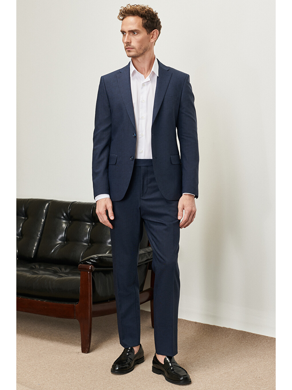 Erkek Lacivert Slim Fit Dar Kesim Mono Yaka Desenli Yünlü Takım Elbise-4