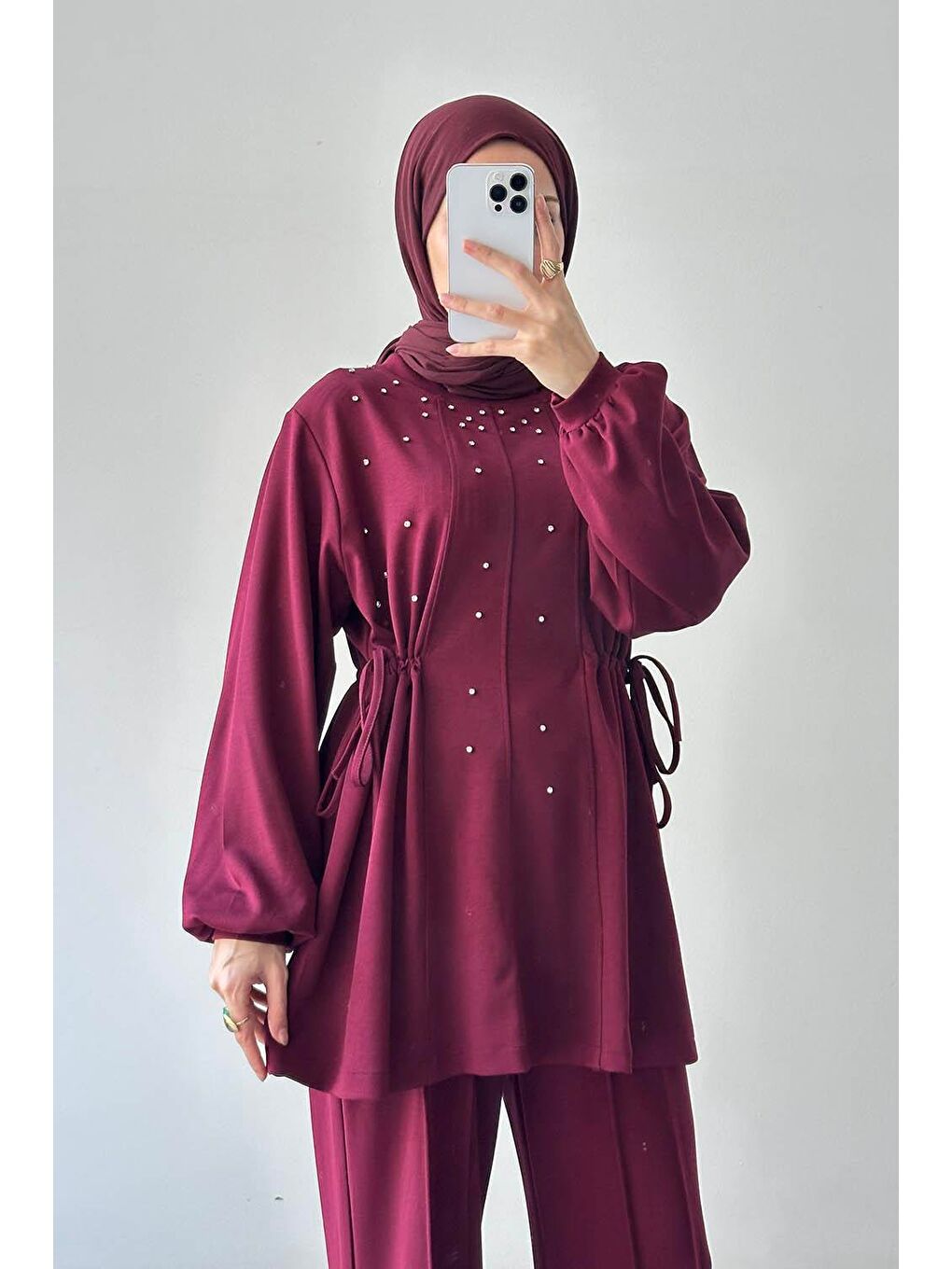 Taşlı İkili Takım Bordo-2