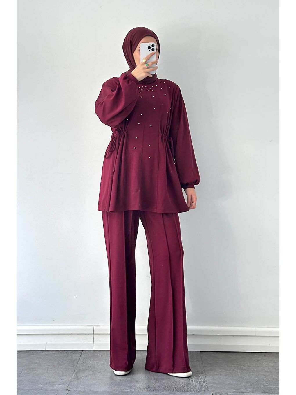 Taşlı İkili Takım Bordo-3