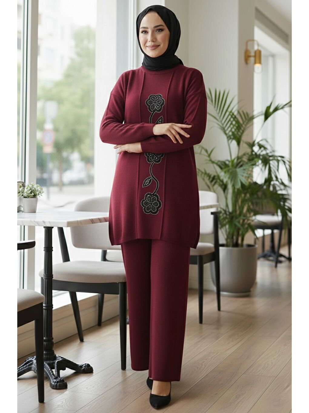 Çiçek Pul Detaylı Triko İkili Takım Bordo - 28126-BORDO-1