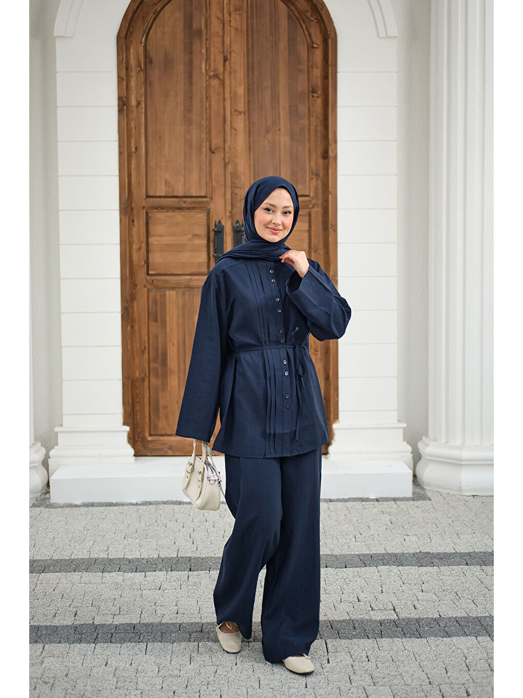 Kadın Büzgü Detay Bel Bağlamalı Takım Lacivert-4