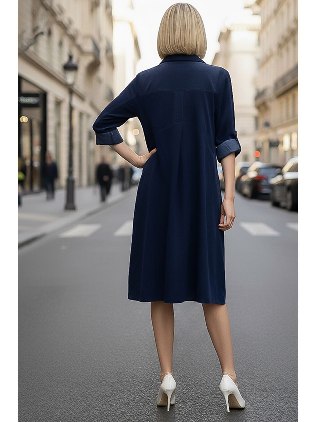 Lacivert Gömlek Yaka Düğmeli Uzun Kollu Cepli Casual Kadife Dokuma Elbise 105 55-2
