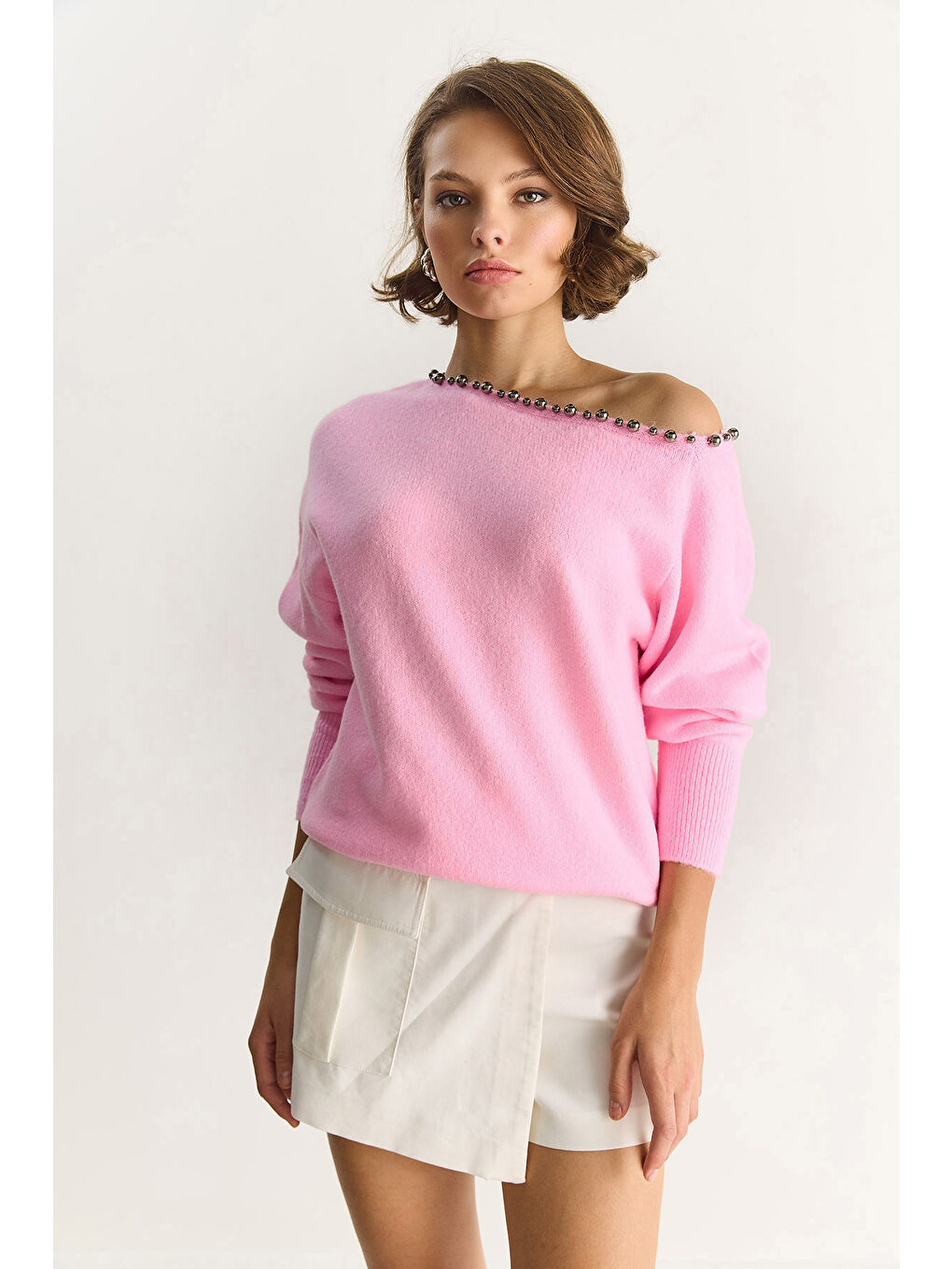 Pembe Kadın Taş İşleme Detaylı Tek Omuz Triko Kazak TK-1