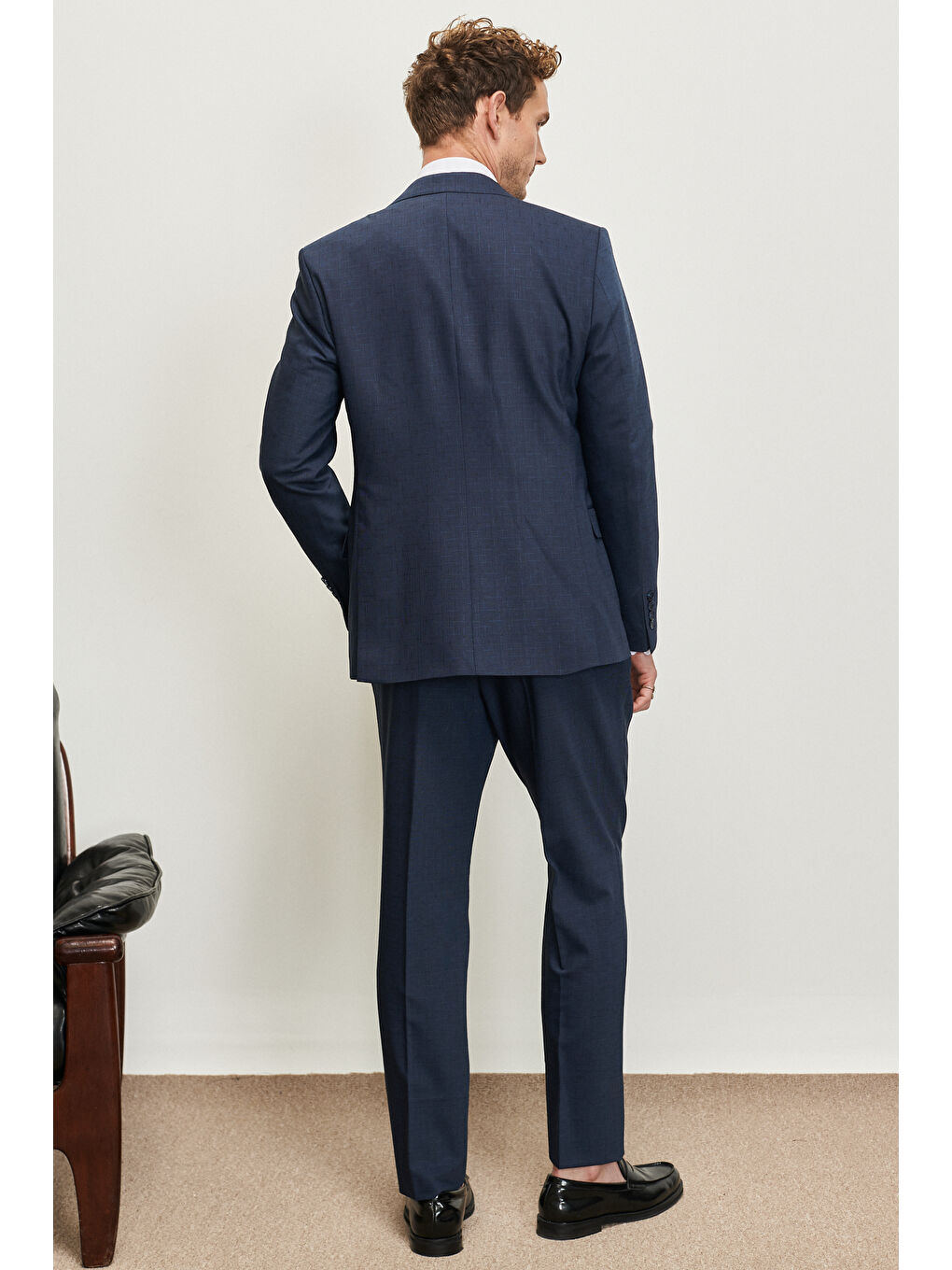 Erkek Lacivert Slim Fit Dar Kesim Mono Yaka Desenli Yünlü Takım Elbise-5