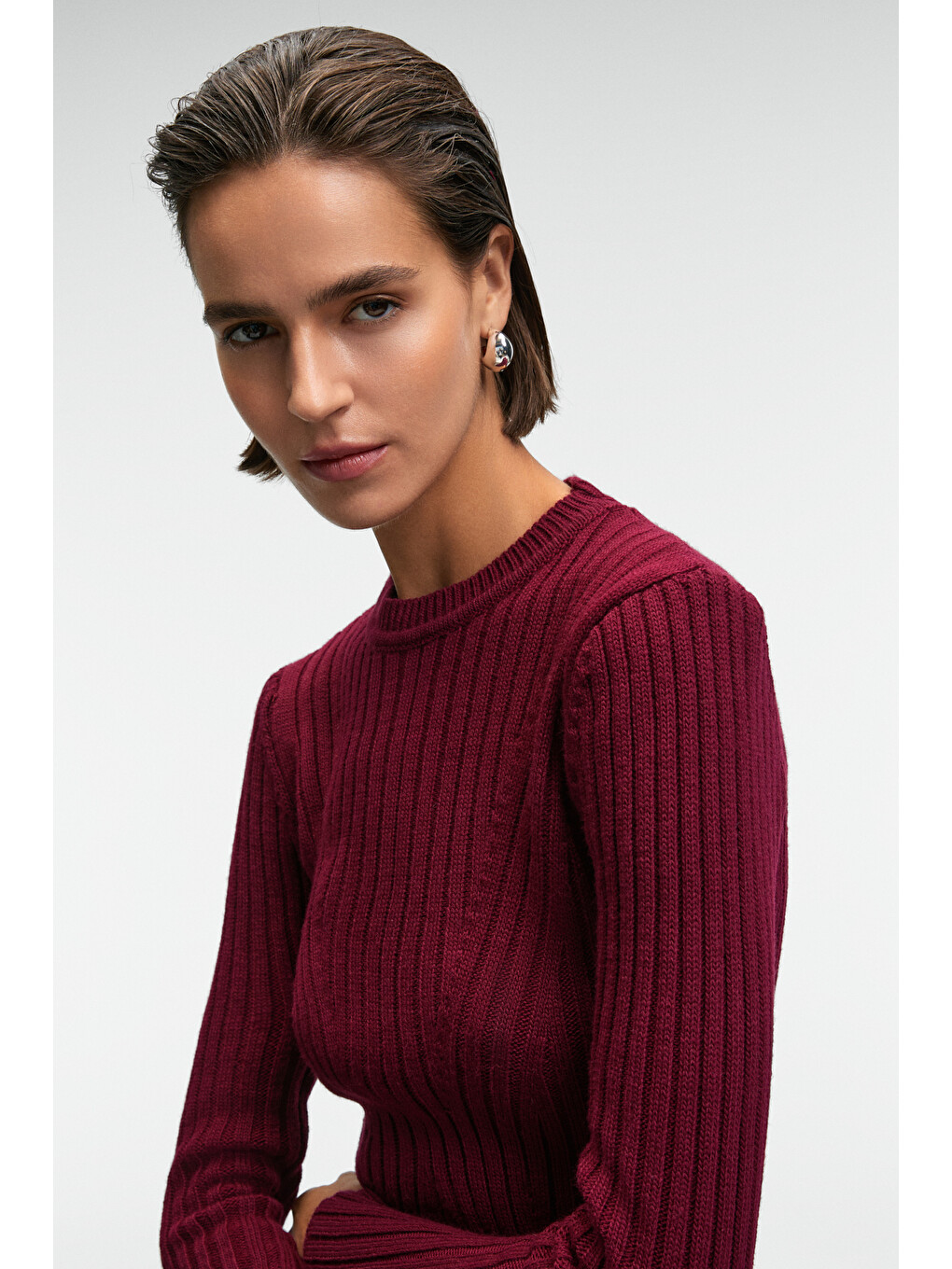 Encanto Kadın Yuvarlak Yaka Çizgi Desenli Slim Fit Bordo Elbise-2