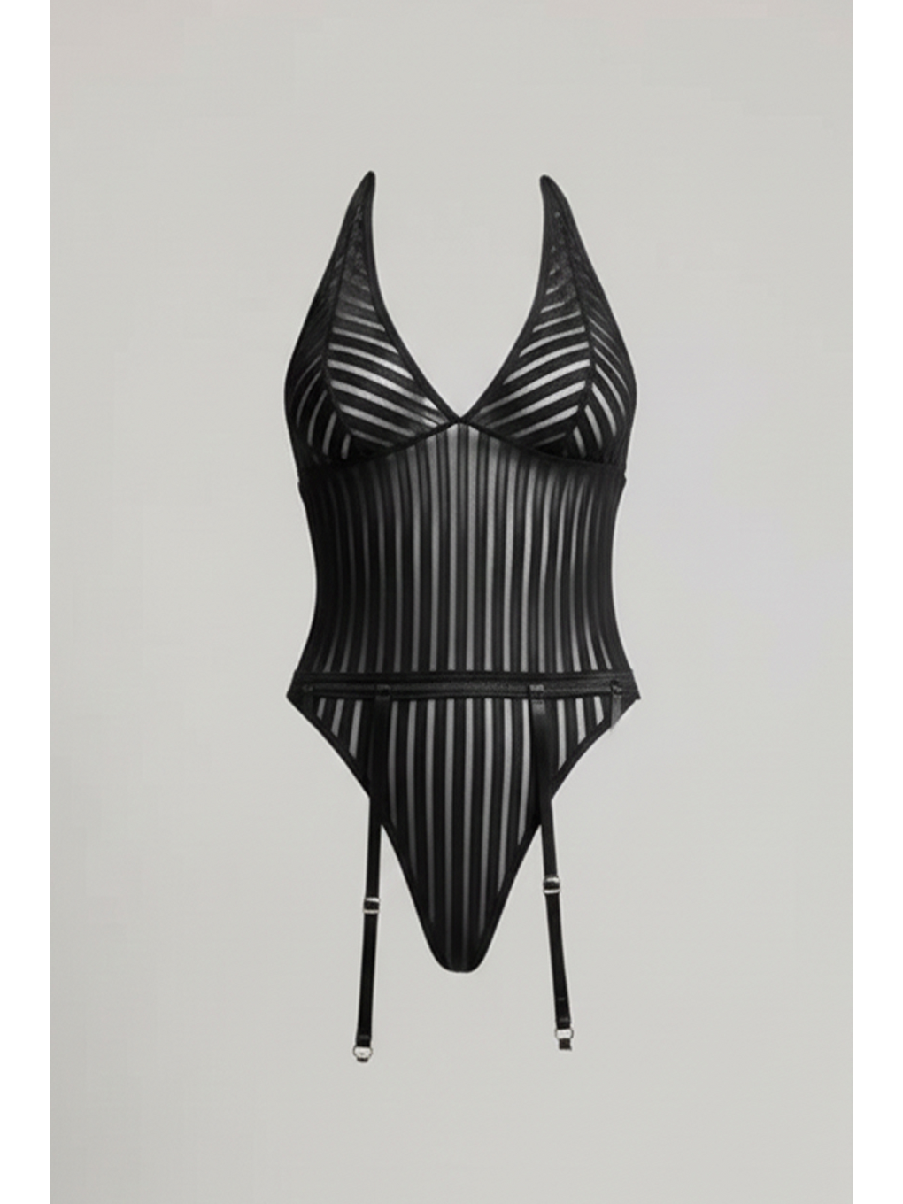 Siyah Çizgi Desenli Jartiyerli Bodysuit Siyah