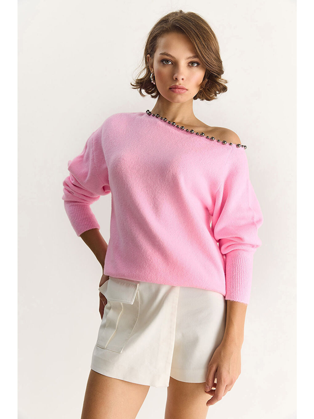 Pembe Kadın Taş İşleme Detaylı Tek Omuz Triko Kazak TK-2