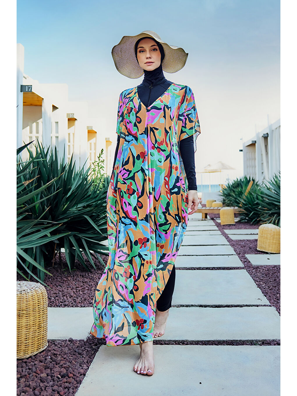 Tesettür Mayo Üzerine Desenli Tek Kaftan Pareo 430-308 Turuncu