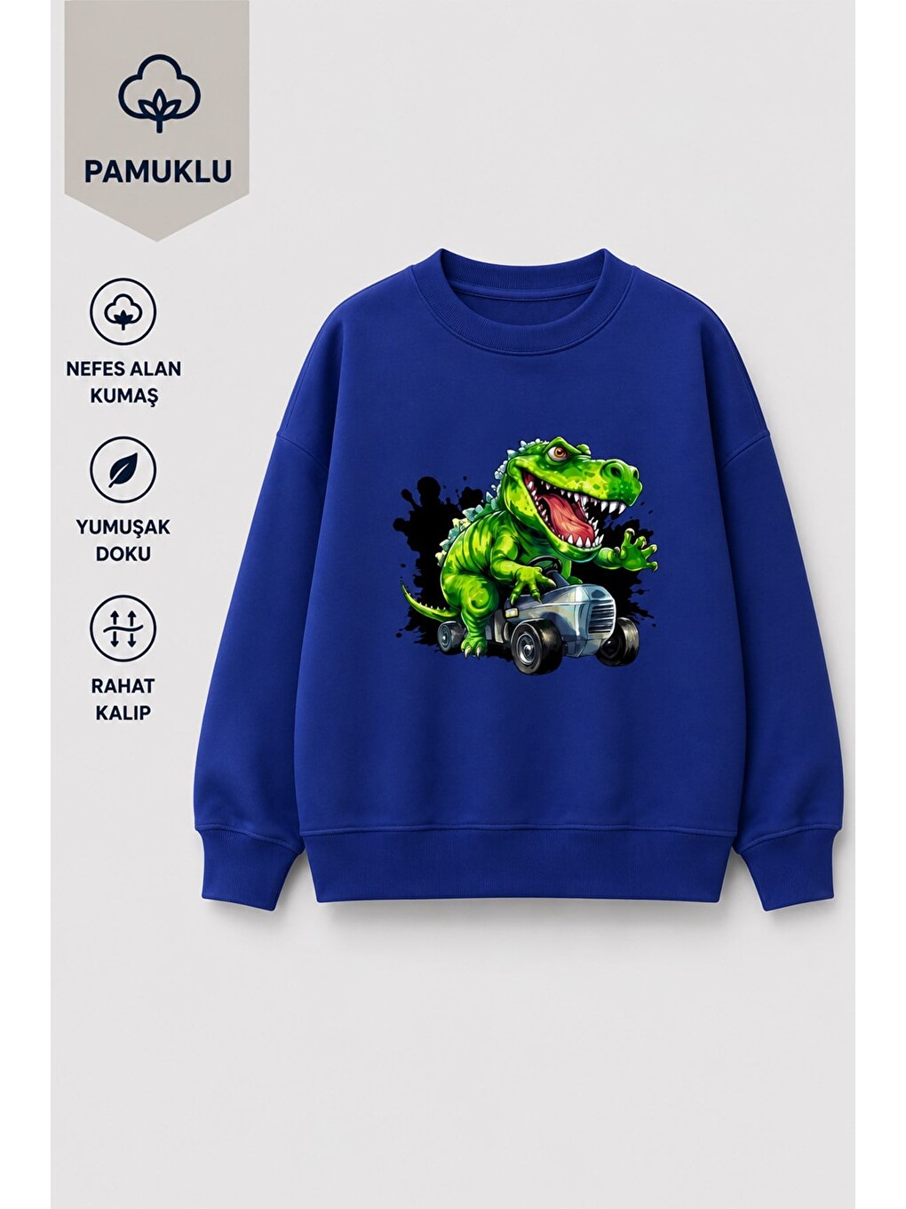 Lacivert Erkek Çocuk 3 İplik Kumaş Dinozor Baskılı Pamuklu Sweatshirt-2