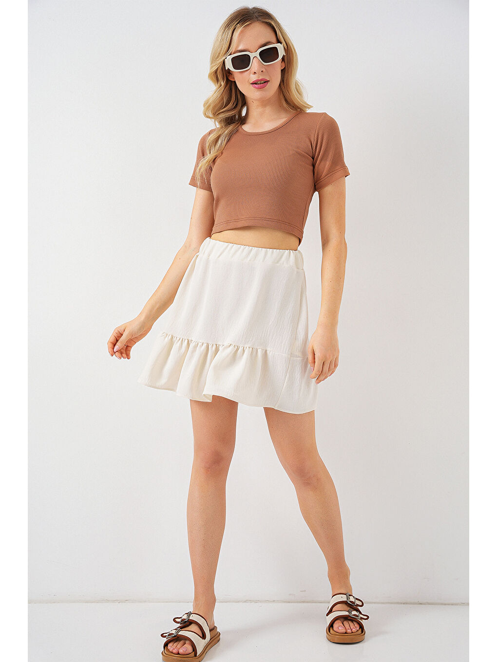 Kadın Ayrobin Mini Etek 8054 - Ekru-1