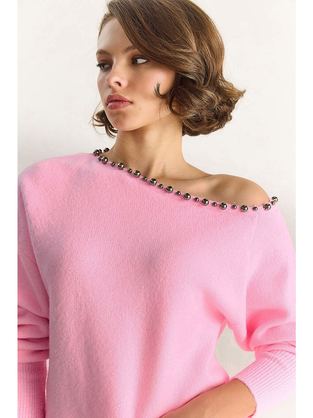 Pembe Kadın Taş İşleme Detaylı Tek Omuz Triko Kazak TK-4