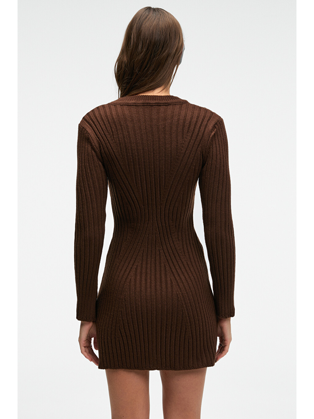 Encanto Kadın Yuvarlak Yaka Çizgi Desenli Slim Fit Kahverengi Elbise-7