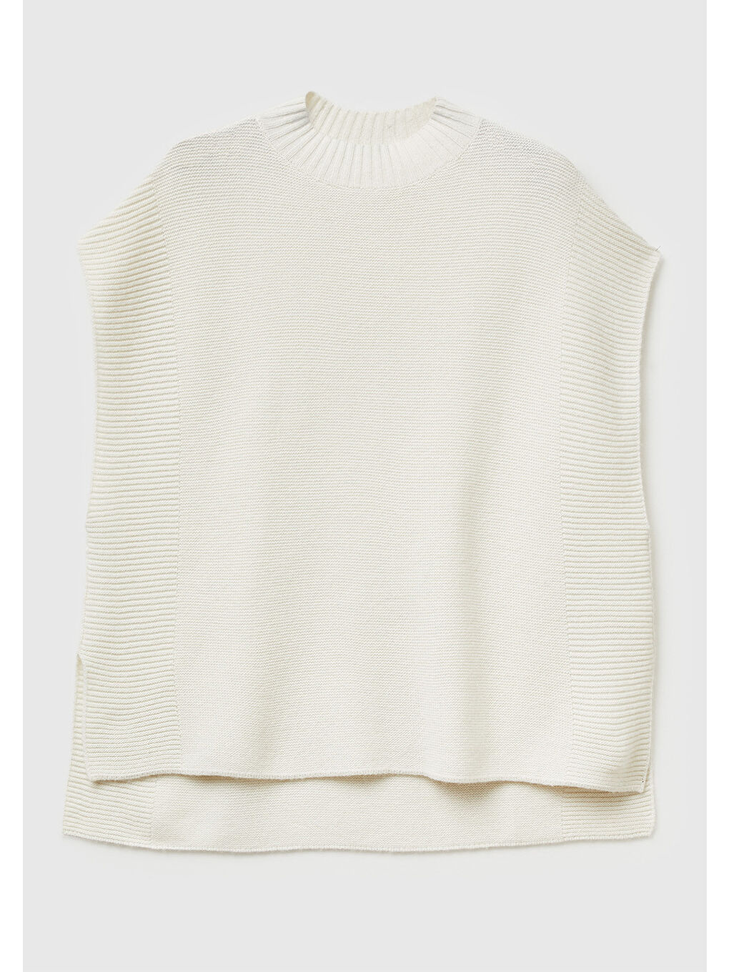 Ekru Kadın Krem Yün Karışımlı Ribana Detaylı Yırtmaçlı Kolsuz Kazak-1