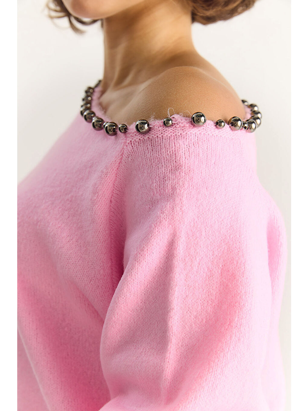 Pembe Kadın Taş İşleme Detaylı Tek Omuz Triko Kazak TK-5