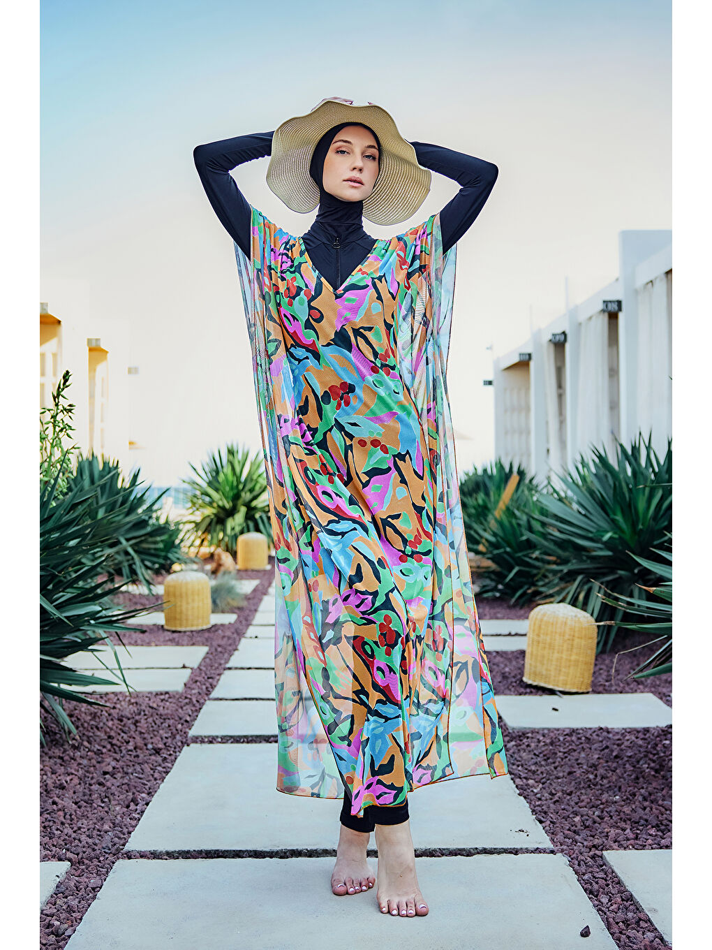 Tesettür Mayo Üzerine Desenli Tek Kaftan Pareo 430-308 Turuncu-1