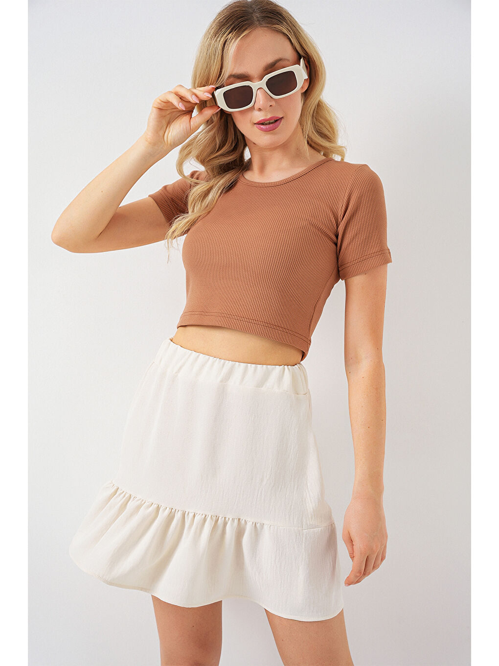 Kadın Ayrobin Mini Etek 8054 - Ekru-3