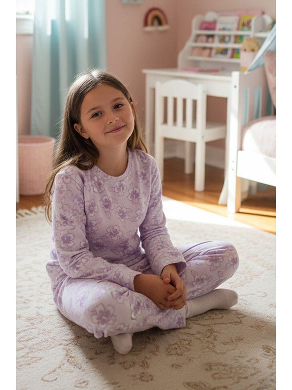 Lila Çiçek Desenli Bisiklet Yaka Polar Kız Çocuk Pijama Takımı-1