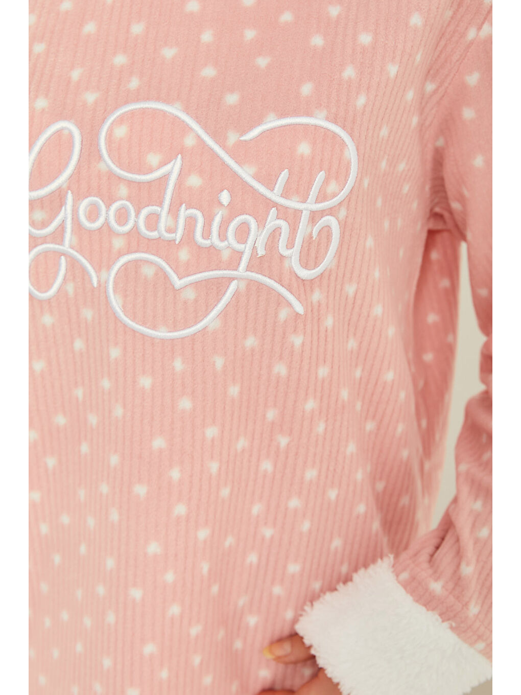 Pembe Nakışlı Pelüş Polar Pijama Takım Pudra   26780-3