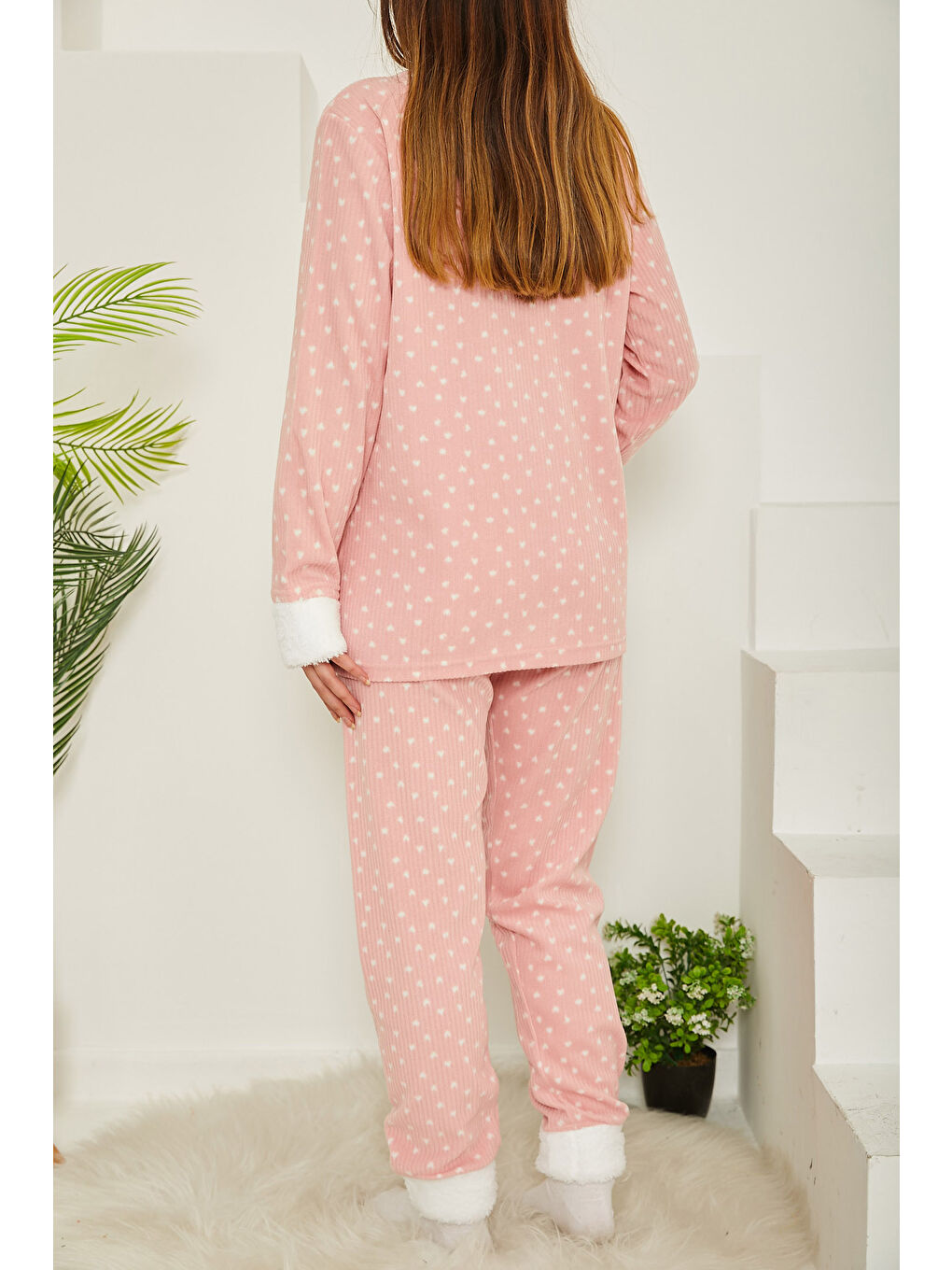 Pembe Nakışlı Pelüş Polar Pijama Takım Pudra   26780-4