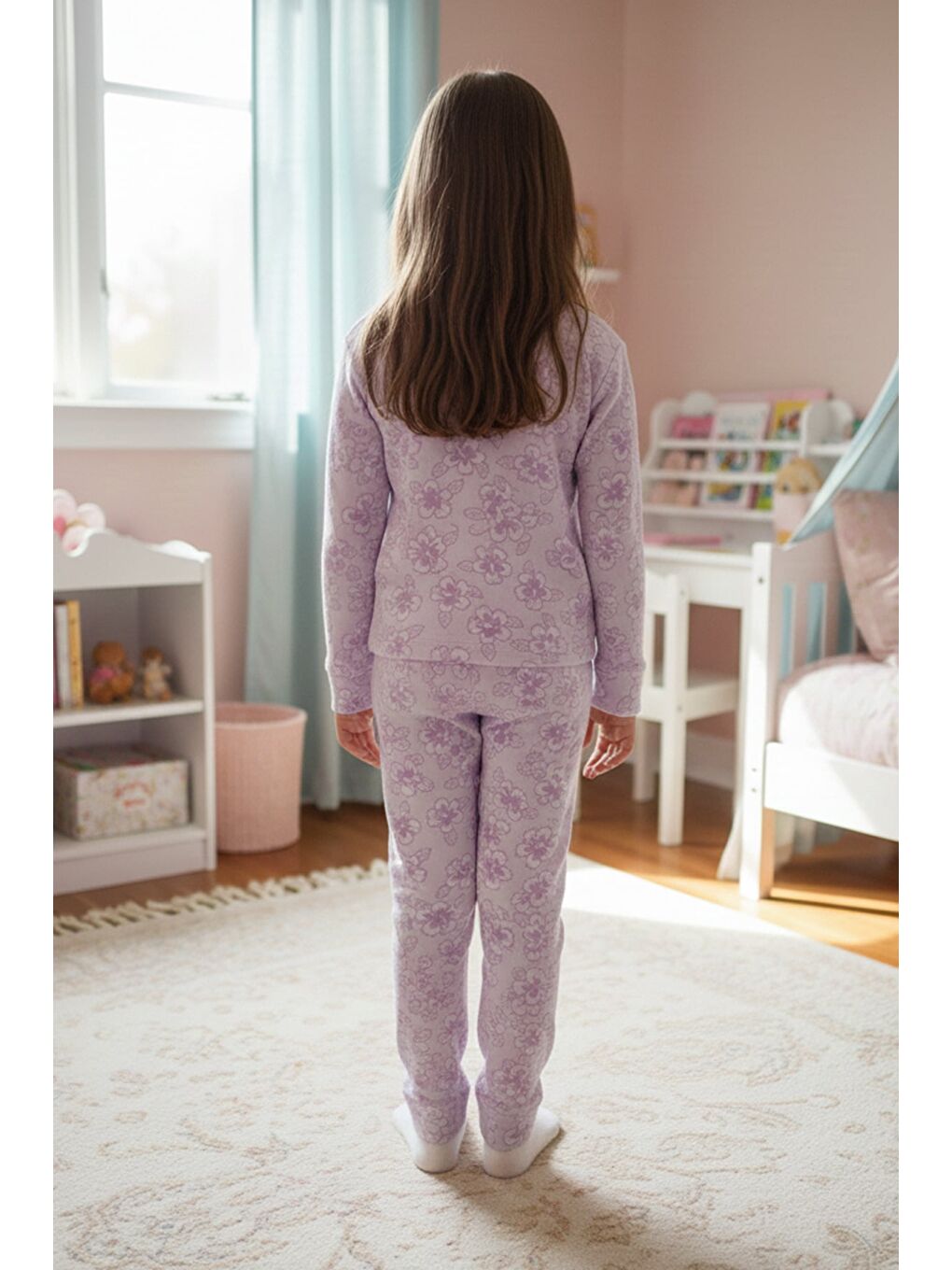 Lila Çiçek Desenli Bisiklet Yaka Polar Kız Çocuk Pijama Takımı-2