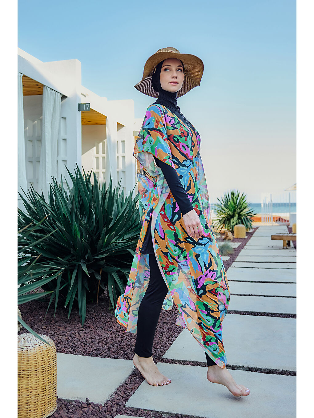 Tesettür Mayo Üzerine Desenli Tek Kaftan Pareo 430-308 Turuncu-2