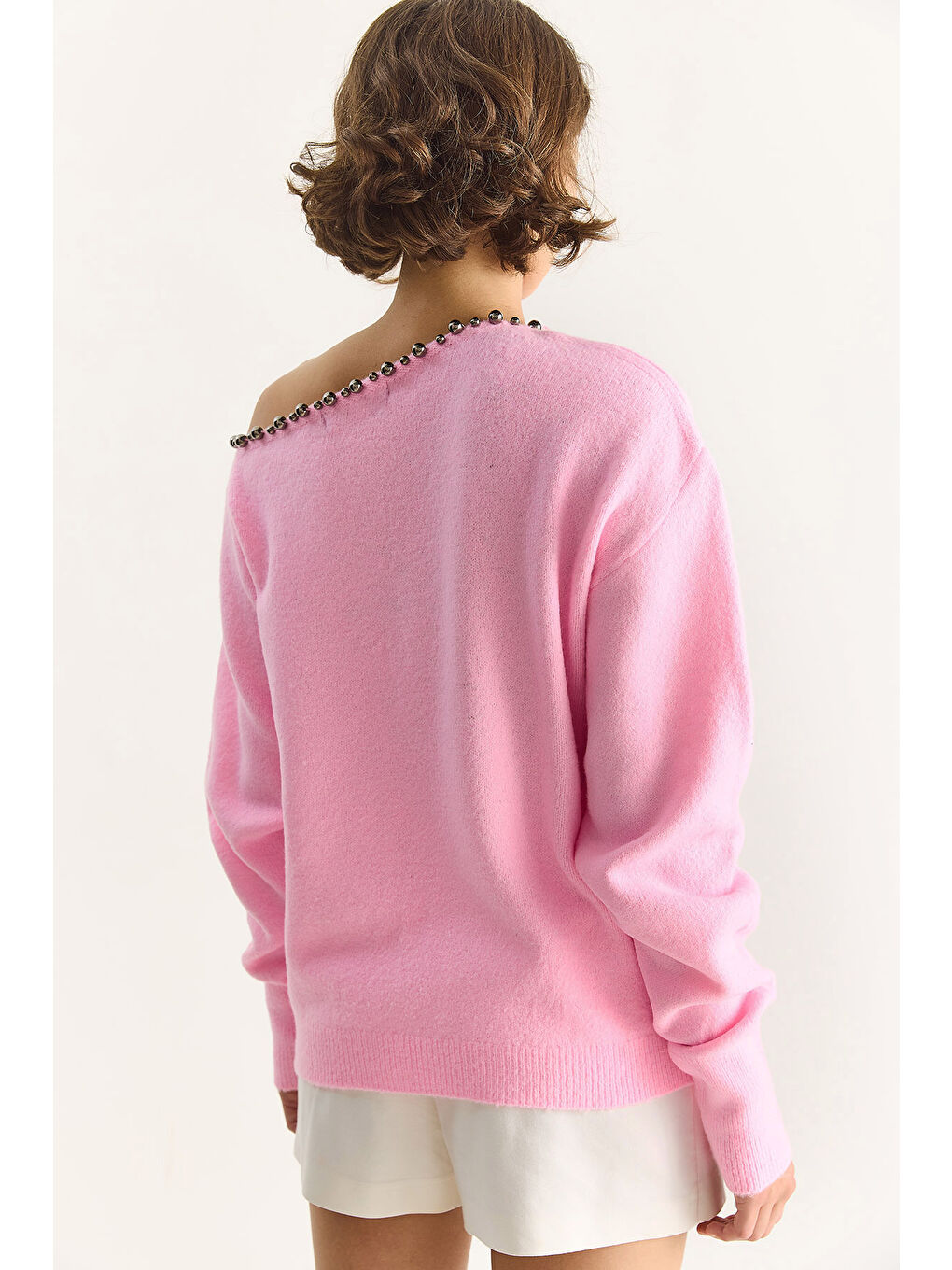 Pembe Kadın Taş İşleme Detaylı Tek Omuz Triko Kazak TK-6