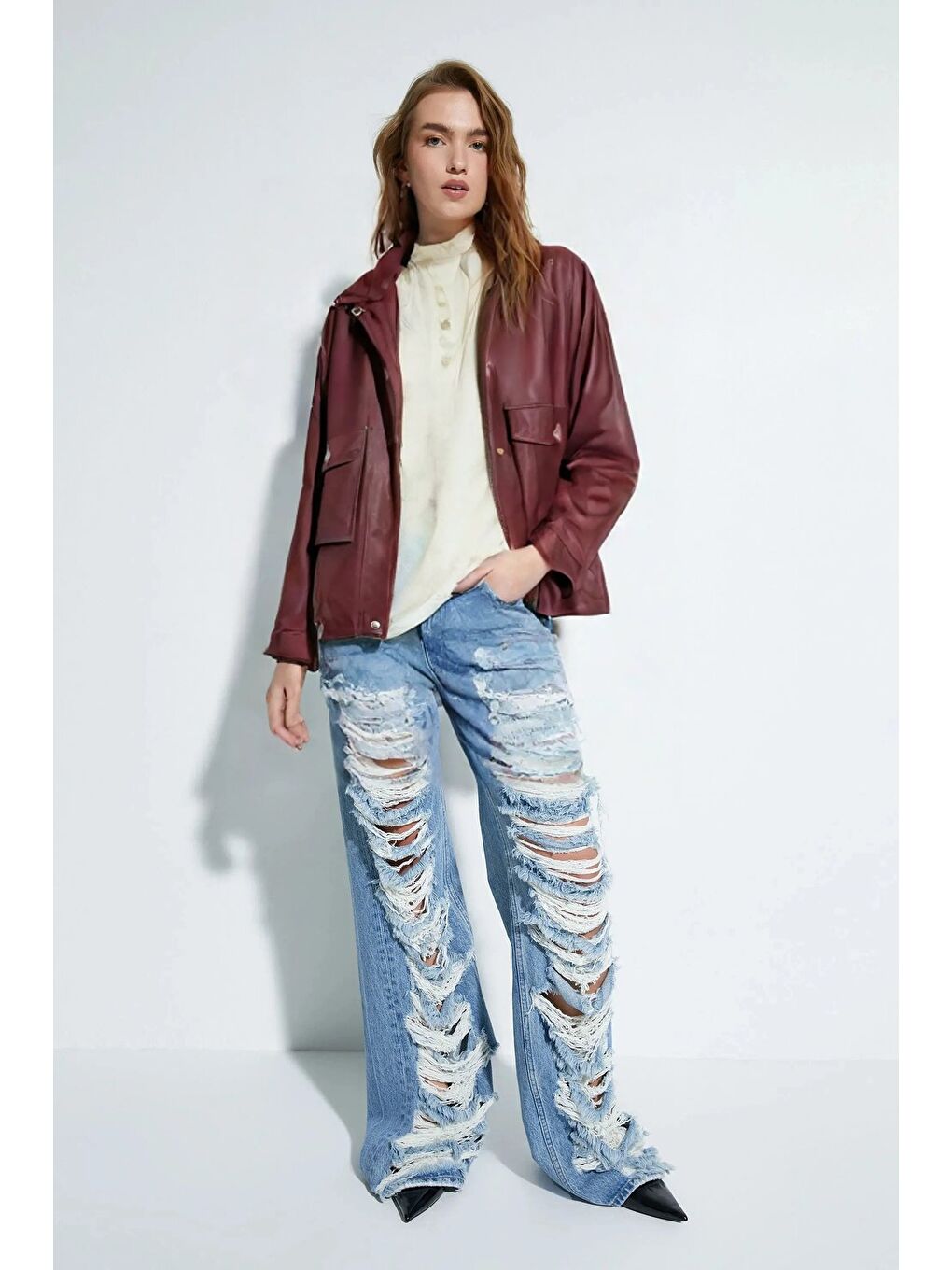 Bordo Kadın Relax Fit Dik Yaka Çıtçıtlı Fermuarlı Cepli  Suni Deri Bomber Ceket - Belden Ayarlanabil-1