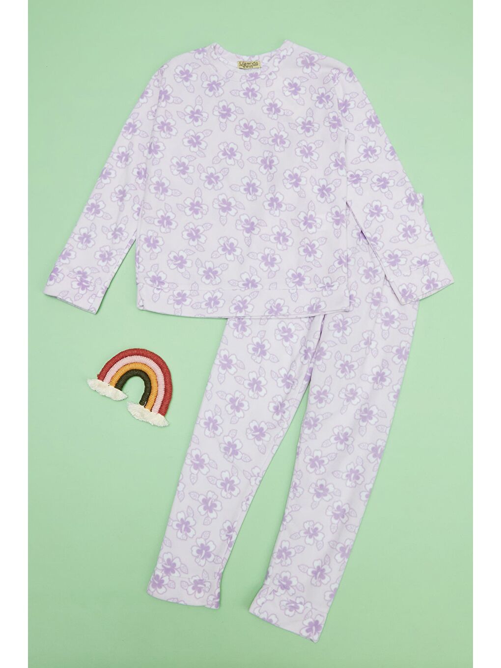 Lila Çiçek Desenli Bisiklet Yaka Polar Kız Çocuk Pijama Takımı-3
