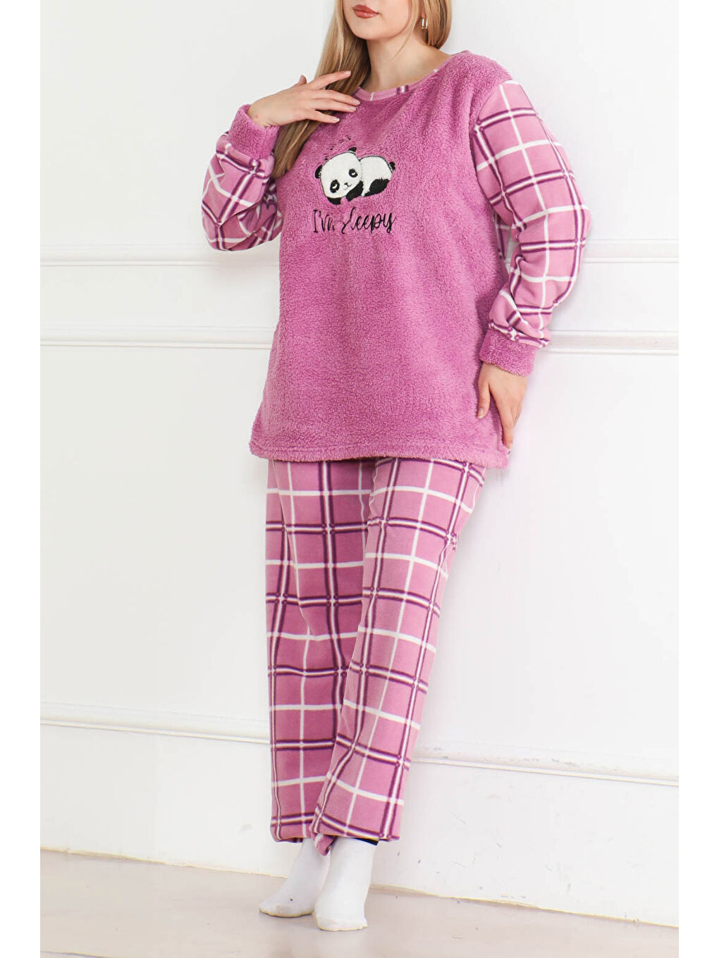 Nakışlı Pelüş Polar Pijama Takım Lila   26638