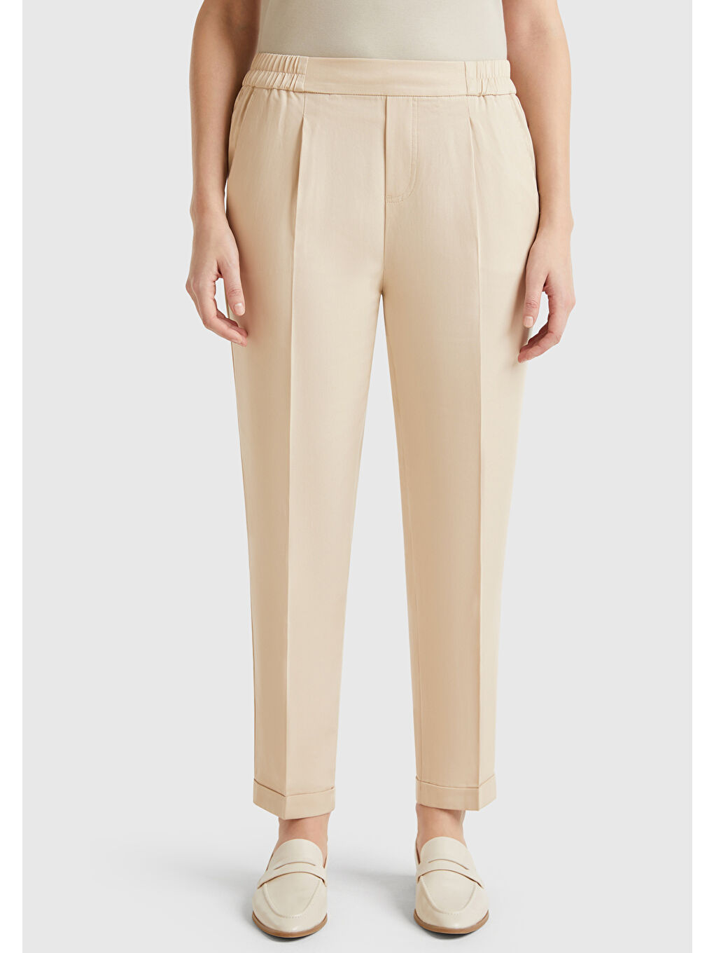 Kadın Bej %100 Liyosel Paçası Kıvrımlı Beli Lastikli Pantolon