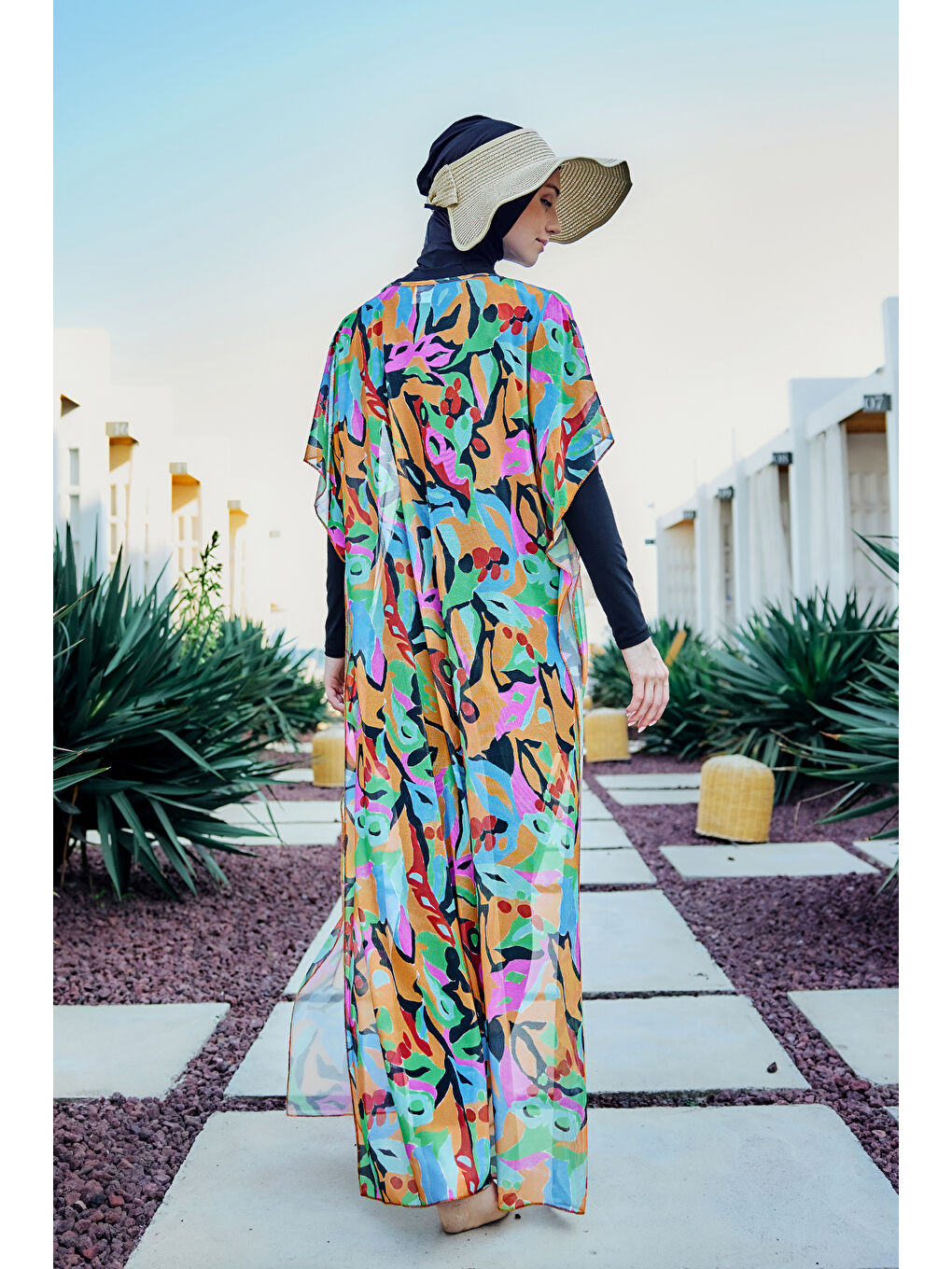 Tesettür Mayo Üzerine Desenli Tek Kaftan Pareo 430-308 Turuncu-3