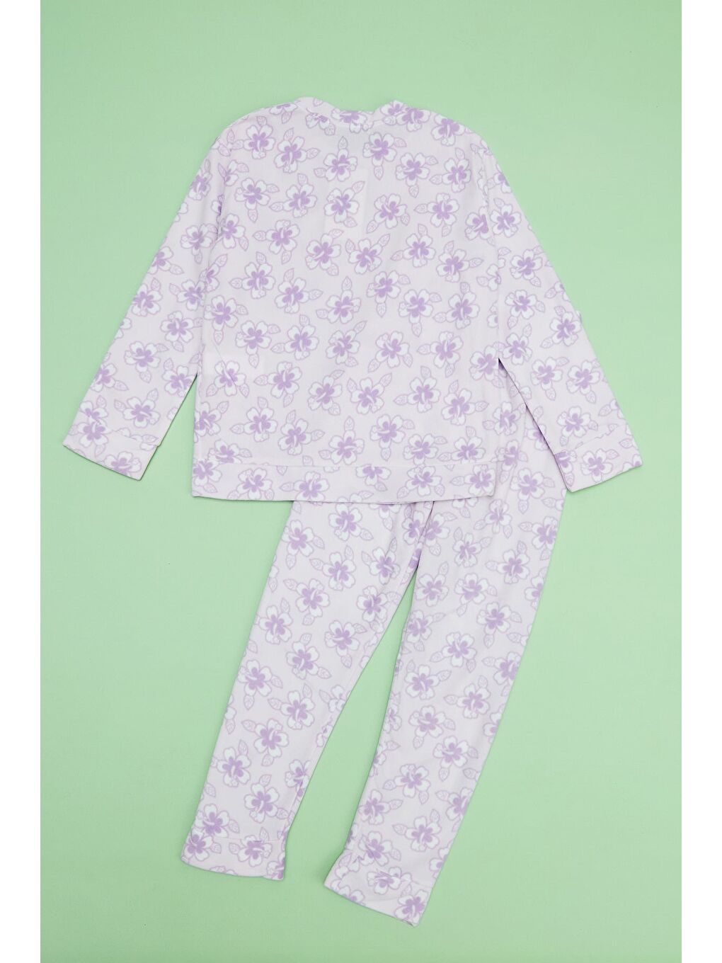 Lila Çiçek Desenli Bisiklet Yaka Polar Kız Çocuk Pijama Takımı-4