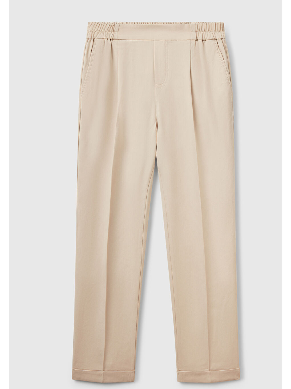 Kadın Bej %100 Liyosel Paçası Kıvrımlı Beli Lastikli Pantolon-1