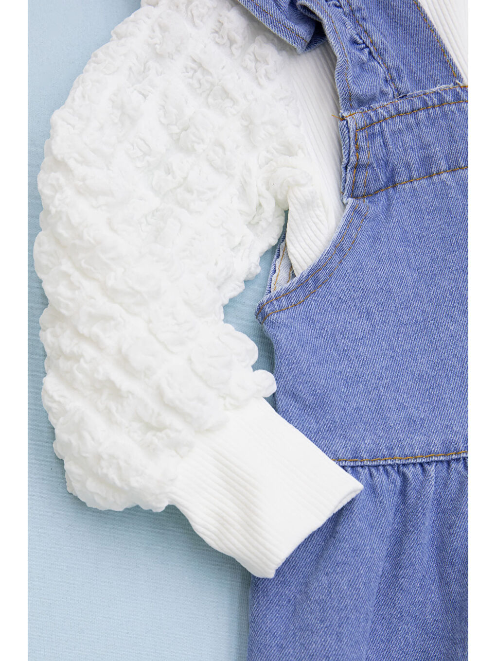 Mavi Fırfırlı Salopetli ve Kol Detaylı Badili Kız Çocuk 2li Takım 20657-1