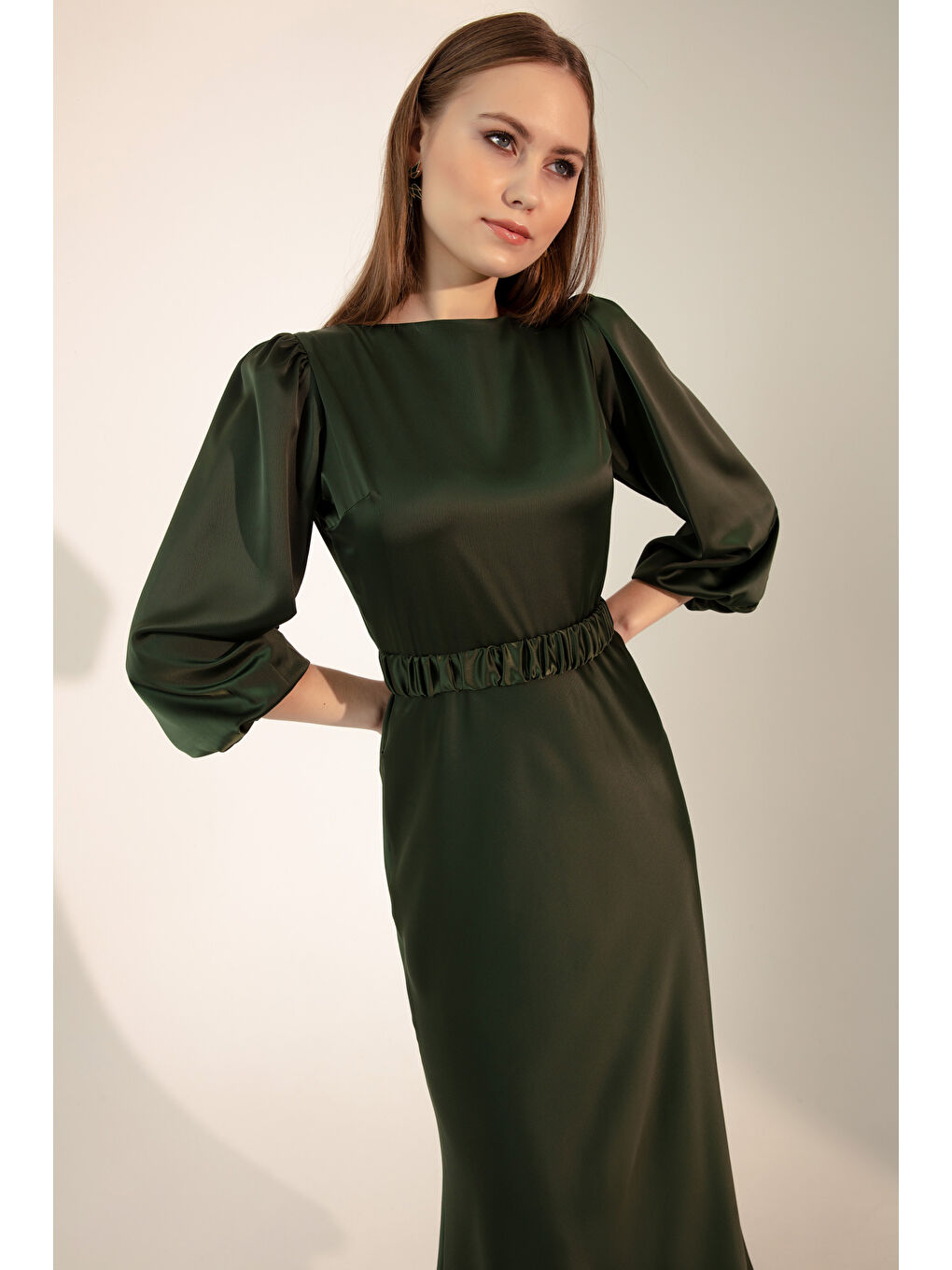 Kadın Yeşil Uzun Balon Kollu Nişan Elbisesi-1