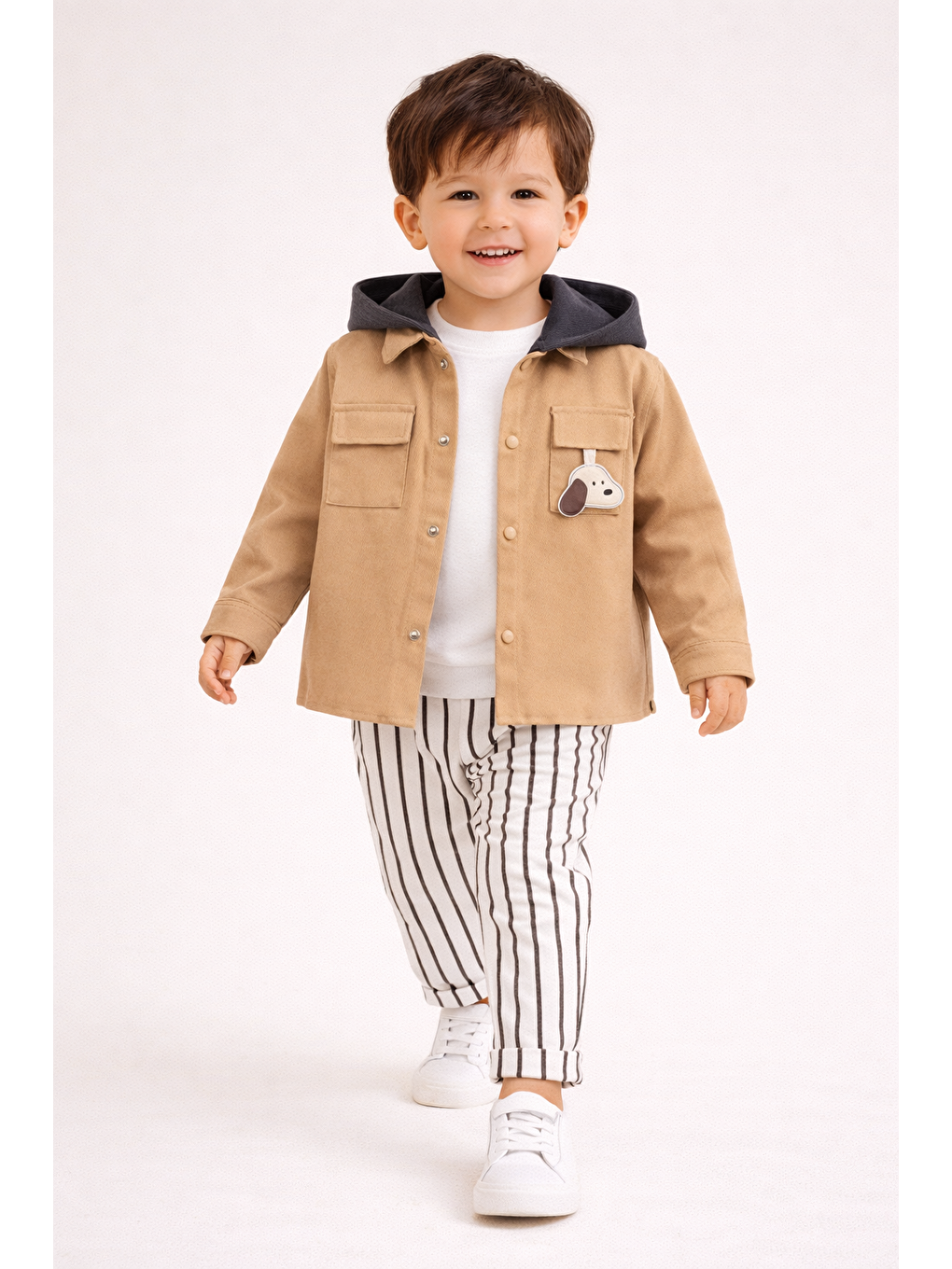 Kahverengi Erkek Çocuk Kapüşonlu Ceket-Sweatshirt-Çizgili Pantolon 3'lü Takım (2-5 Yaş)