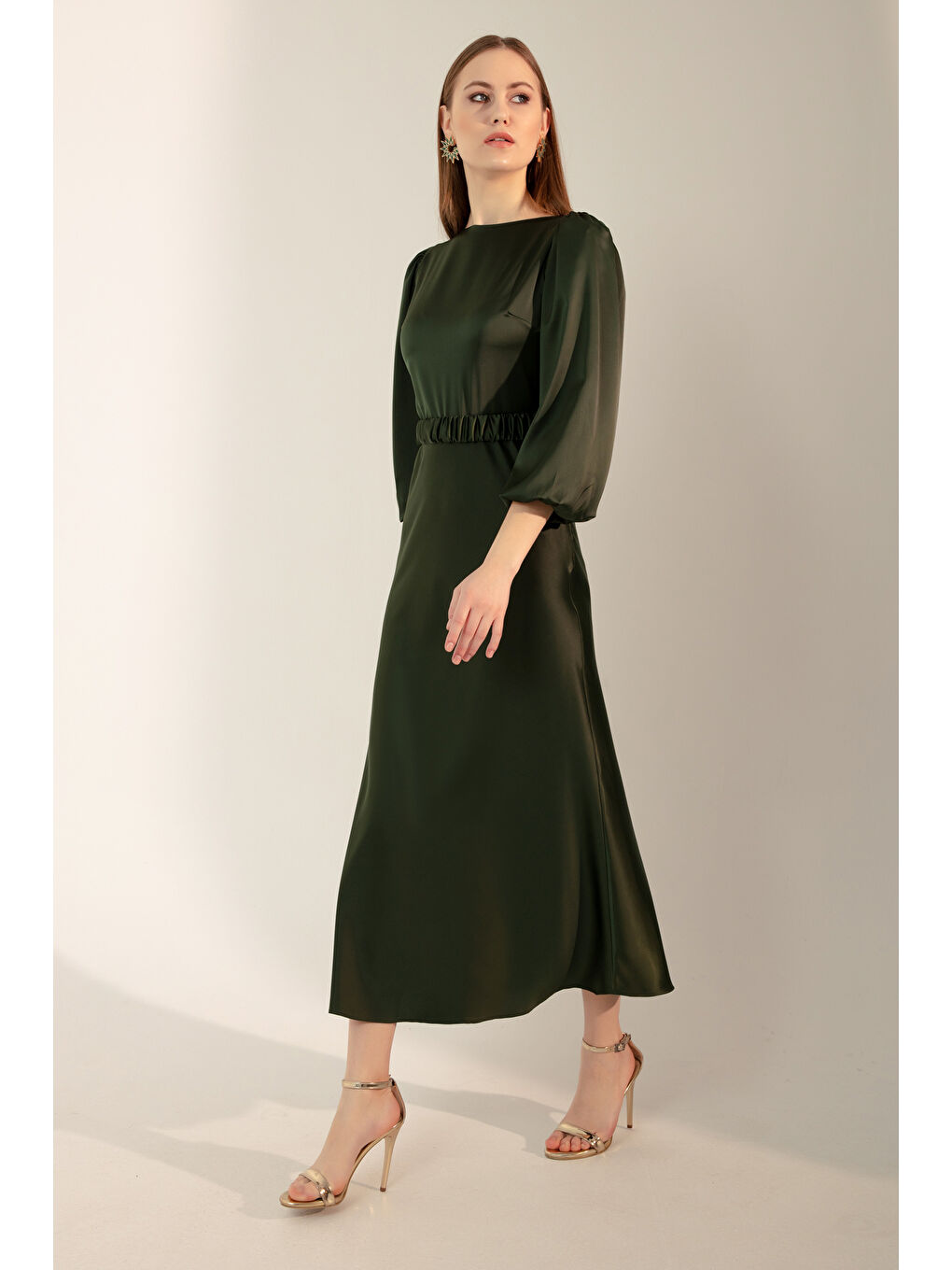 Kadın Yeşil Uzun Balon Kollu Nişan Elbisesi-2