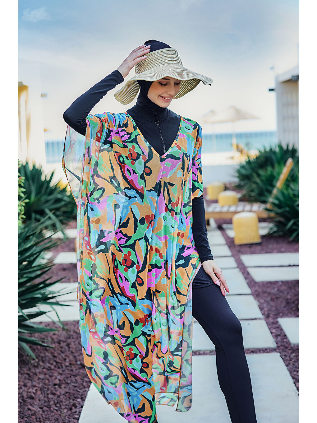 Tesettür Mayo Üzerine Desenli Tek Kaftan Pareo 430-308 Turuncu-4