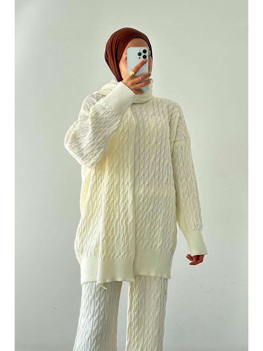 Ekru Atkılı Örülü Tesettür Takım Krem-2