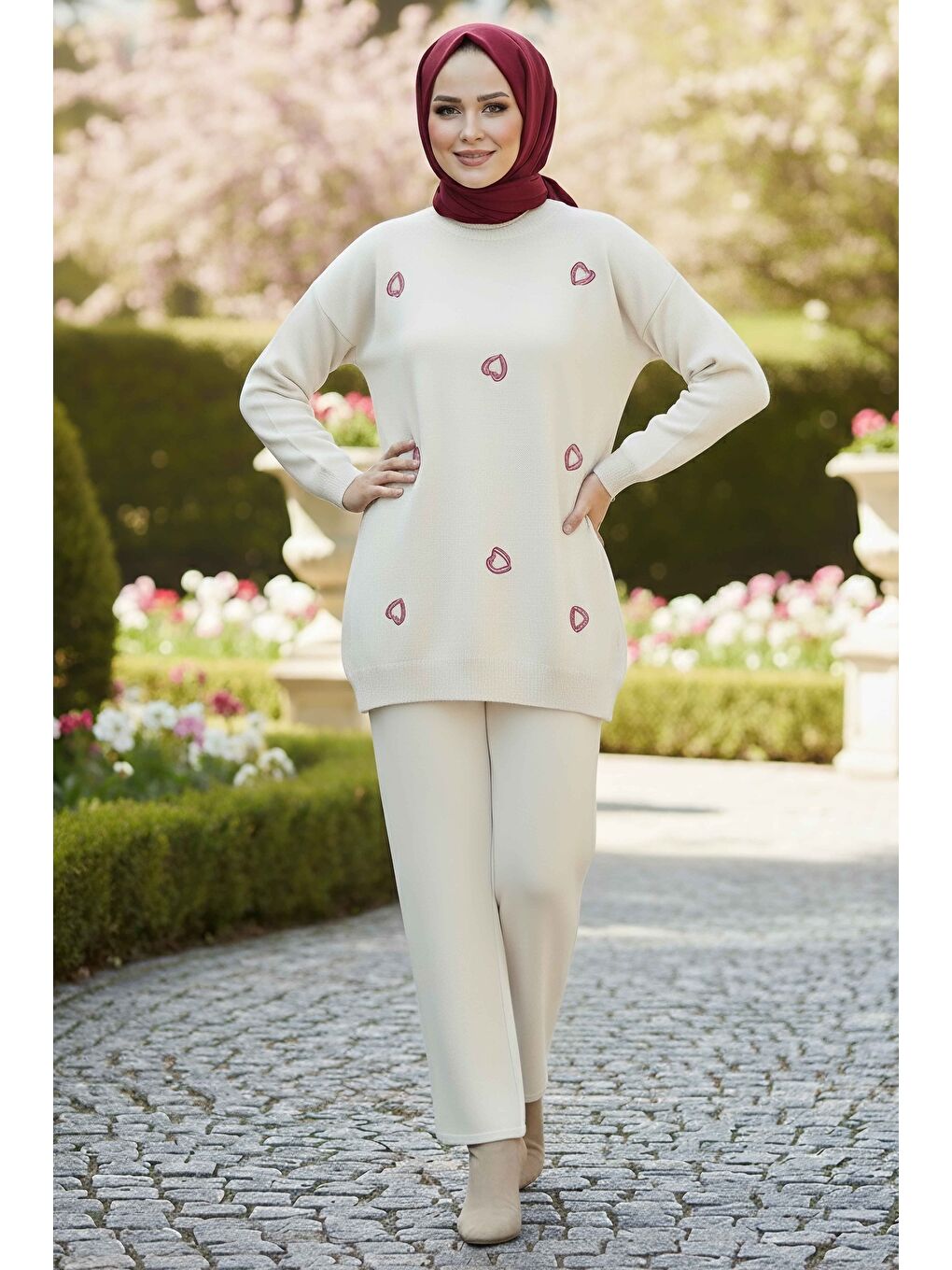 Ekru Kalp Detaylı Triko İkili Takım Krem - 28124-KREM