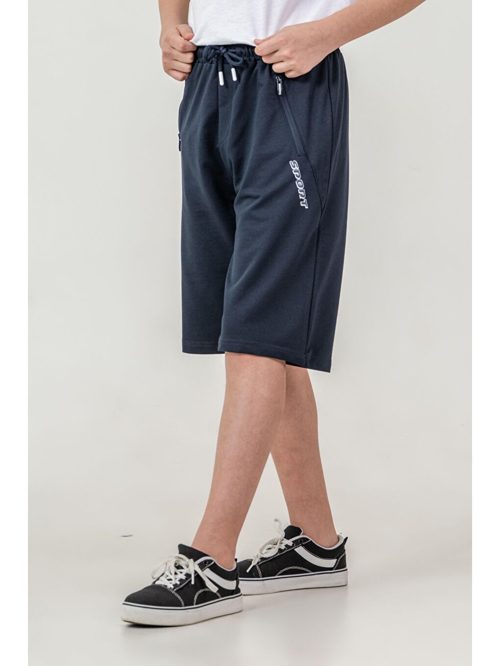 Lacivert Sport Baskılı Cepler Fermuarlı Erkek Çocuk Şort-3